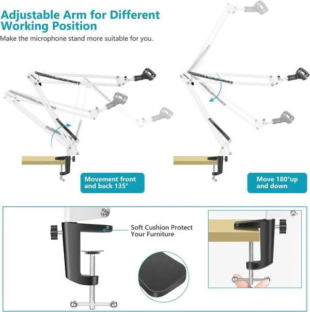 Alt view image 6 of 7 - NEEWER Adjustable Microphone Suspension Boom Scissor Arm Stand, Max Load 1 KG Mic Stand for Radio Broadcasting, Voice-Over, Stage and TV Stations, Compatible with Blue Yeti Snowball Yeti X,etc (White)