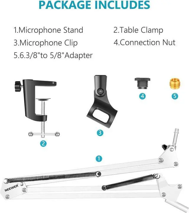 Alt view image 2 of 7 - NEEWER Adjustable Microphone Suspension Boom Scissor Arm Stand, Max Load 1 KG Mic Stand for Radio Broadcasting, Voice-Over, Stage and TV Stations, Compatible with Blue Yeti Snowball Yeti X,etc (White)