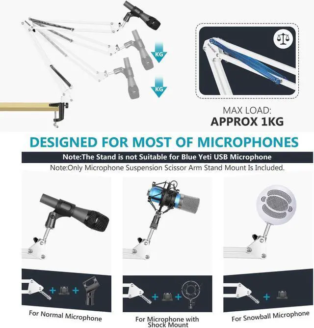 Alt view image 3 of 7 - NEEWER Adjustable Microphone Suspension Boom Scissor Arm Stand, Max Load 1 KG Mic Stand for Radio Broadcasting, Voice-Over, Stage and TV Stations, Compatible with Blue Yeti Snowball Yeti X,etc (White)