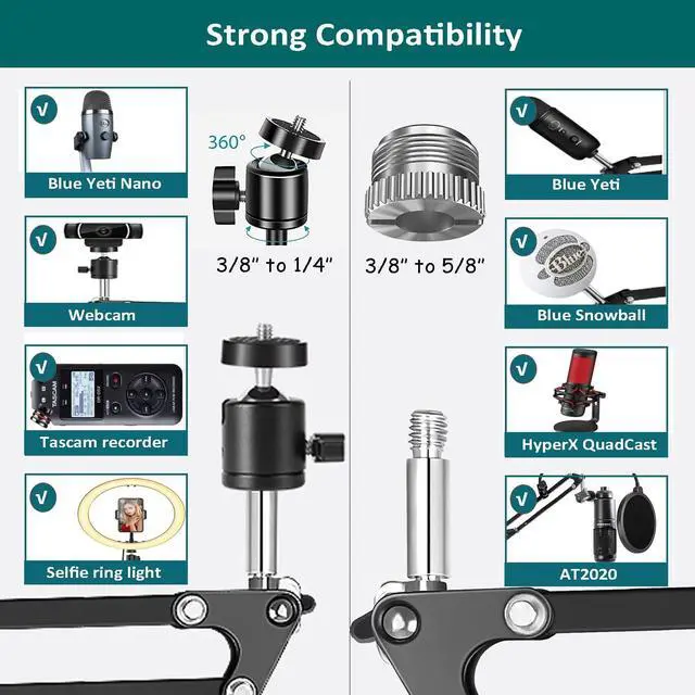 Alt view image 4 of 7 - Mythco Microphone Stand, Boom Arm Mic Stand Webcam Stand for Blue Yeti and Other Mics with Mic Shock Mount 3/8" to 5/8" Screw Adapter Windscreen Pop Filter Mic Clip Holder, Cable Ties