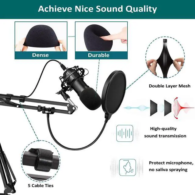 Alt view image 5 of 7 - Mythco Microphone Stand, Boom Arm Mic Stand Webcam Stand for Blue Yeti and Other Mics with Mic Shock Mount 3/8" to 5/8" Screw Adapter Windscreen Pop Filter Mic Clip Holder, Cable Ties