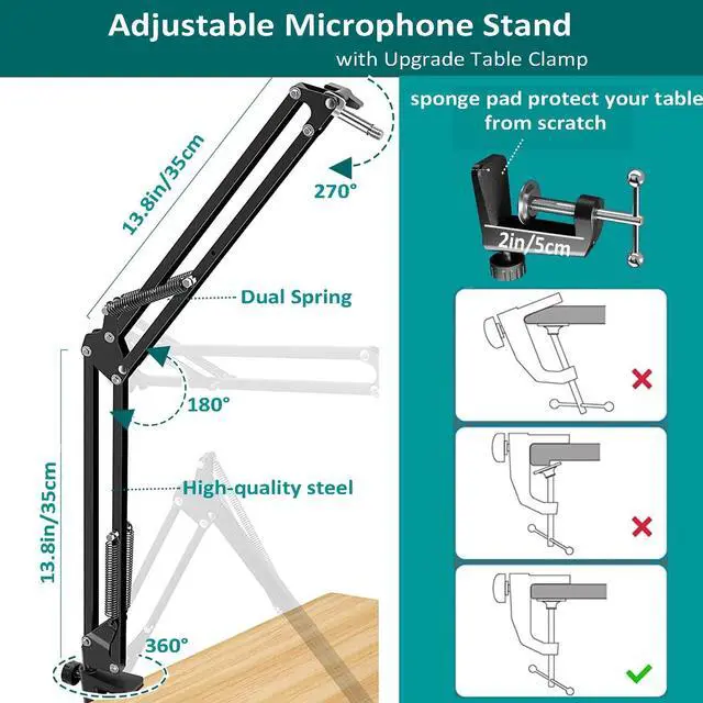 Alt view image 2 of 7 - Mythco Microphone Stand, Boom Arm Mic Stand Webcam Stand for Blue Yeti and Other Mics with Mic Shock Mount 3/8" to 5/8" Screw Adapter Windscreen Pop Filter Mic Clip Holder, Cable Ties