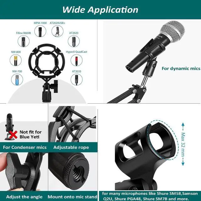 Alt view image 6 of 7 - Mythco Microphone Stand, Boom Arm Mic Stand Webcam Stand for Blue Yeti and Other Mics with Mic Shock Mount 3/8" to 5/8" Screw Adapter Windscreen Pop Filter Mic Clip Holder, Cable Ties