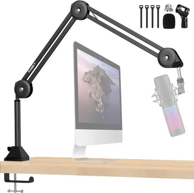 Main image of Aveek Overhead Mic Boom Arm Stand, Desk Boom Arm Microphone Stand with Detachable Riser Mount Clamp 3/8" to 5/8" Adapter Mic Clip Cable Ties Filter for Blue Yeti Snowball Hyper X QuadCast Shure