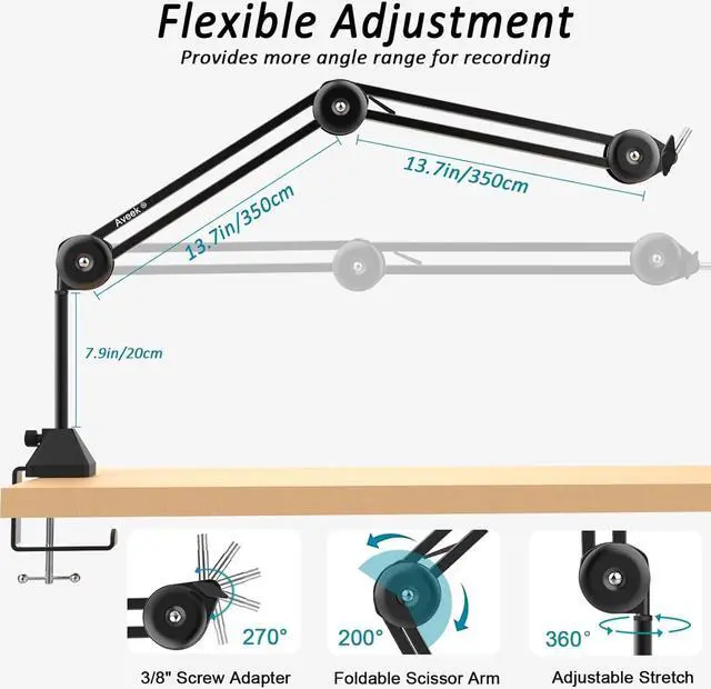 Alt view image 3 of 7 - Aveek Overhead Mic Boom Arm Stand, Desk Boom Arm Microphone Stand with Detachable Riser Mount Clamp 3/8" to 5/8" Adapter Mic Clip Cable Ties Filter for Blue Yeti Snowball Hyper X QuadCast Shure