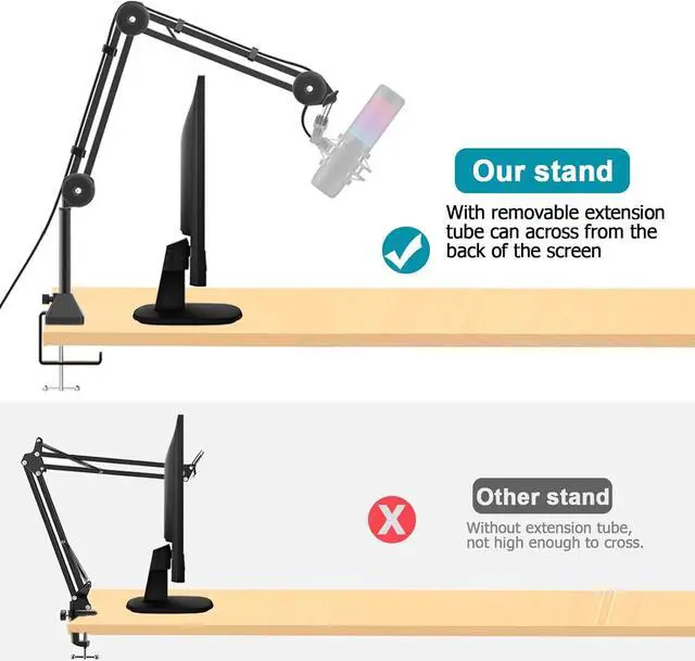Alt view image 6 of 7 - Aveek Overhead Mic Boom Arm Stand, Desk Boom Arm Microphone Stand with Detachable Riser Mount Clamp 3/8" to 5/8" Adapter Mic Clip Cable Ties Filter for Blue Yeti Snowball Hyper X QuadCast Shure