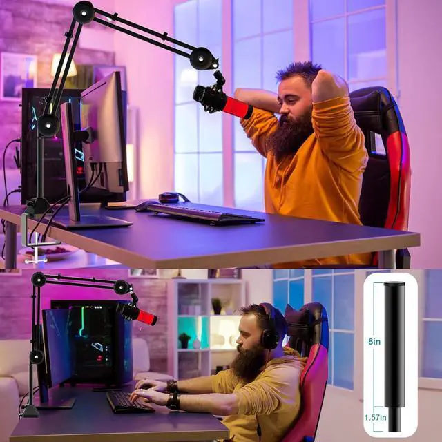 Alt view image 7 of 7 - Aveek Overhead Mic Boom Arm Stand, Desk Boom Arm Microphone Stand with Detachable Riser Mount Clamp 3/8" to 5/8" Adapter Mic Clip Cable Ties Filter for Blue Yeti Snowball Hyper X QuadCast Shure