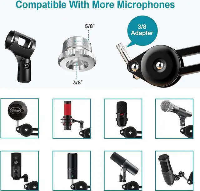 Alt view image 4 of 7 - Aveek Overhead Mic Boom Arm Stand, Desk Boom Arm Microphone Stand with Detachable Riser Mount Clamp 3/8" to 5/8" Adapter Mic Clip Cable Ties Filter for Blue Yeti Snowball Hyper X QuadCast Shure