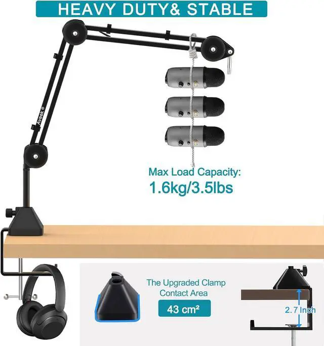 Alt view image 5 of 7 - Aveek Overhead Mic Boom Arm Stand, Desk Boom Arm Microphone Stand with Detachable Riser Mount Clamp 3/8" to 5/8" Adapter Mic Clip Cable Ties Filter for Blue Yeti Snowball Hyper X QuadCast Shure