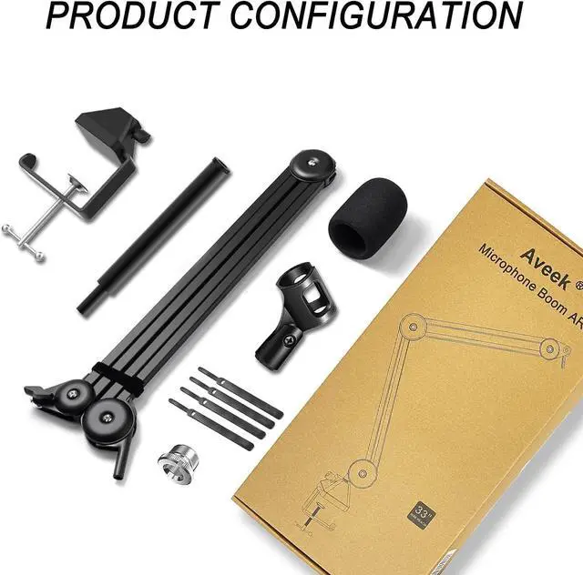Alt view image 2 of 7 - Aveek Overhead Mic Boom Arm Stand, Desk Boom Arm Microphone Stand with Detachable Riser Mount Clamp 3/8" to 5/8" Adapter Mic Clip Cable Ties Filter for Blue Yeti Snowball Hyper X QuadCast Shure