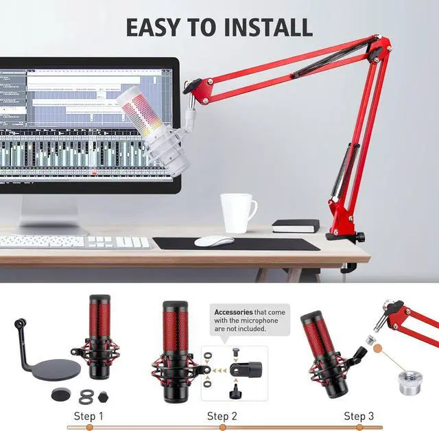 Alt view image 3 of 7 - SUNMON QuadCast Boom Arm with Foam Cover, Adjustable Microphone Mic Stand for HyperX QuadCast, QuadCast S, Rotatable Mic Arm with 3/8 to 5/8 Adapter (Red)