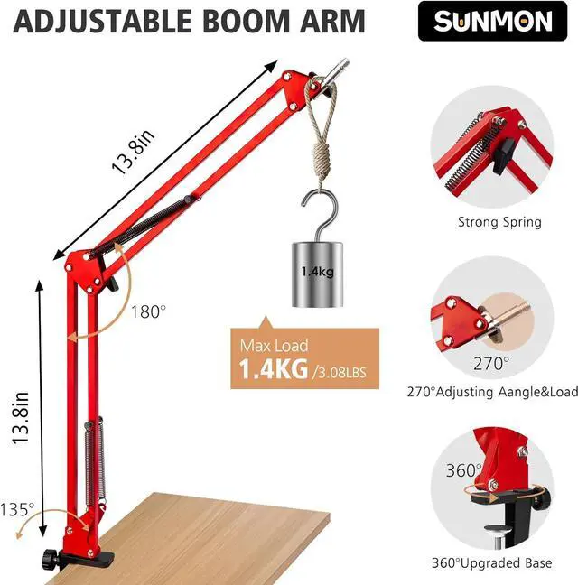 Alt view image 5 of 7 - SUNMON QuadCast Boom Arm with Foam Cover, Adjustable Microphone Mic Stand for HyperX QuadCast, QuadCast S, Rotatable Mic Arm with 3/8 to 5/8 Adapter (Red)