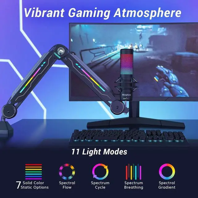 Alt view image 2 of 7 - RGB Boom Arm, TONOR Adjustable Mic Stand with RGB Light for Hyperx QuadCast/Blue Yeti/Shure SM7/Rode NT1, Rotatable Suspension Boom Scissor Stand for Gaming Streaming Podcasting YouTube Recording T90