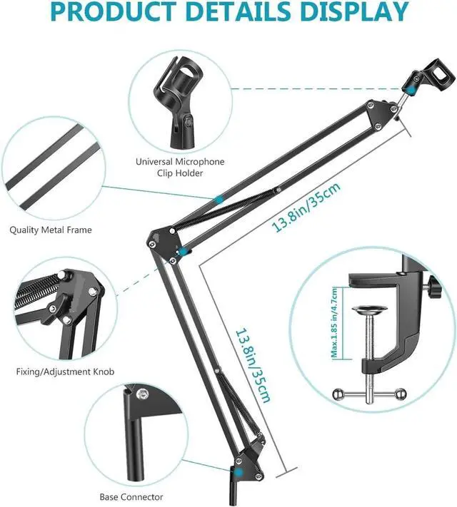 Alt view image 4 of 7 - Adjustable Microphone Suspension Boom Scissor Arm Stand, Max Load 1 KG Compact Mic Stand for Radio Broadcasting, Includes 2 Months of Music Lessons