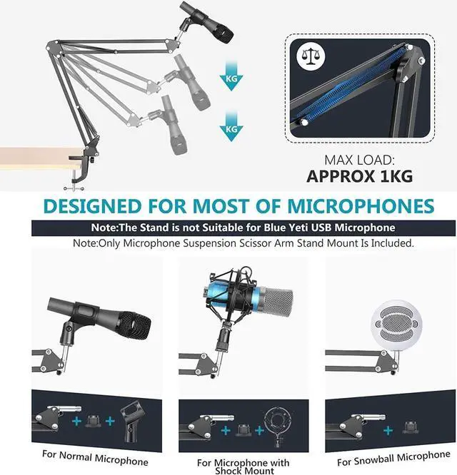 Alt view image 6 of 7 - Adjustable Microphone Suspension Boom Scissor Arm Stand, Max Load 1 KG Compact Mic Stand for Radio Broadcasting, Includes 2 Months of Music Lessons