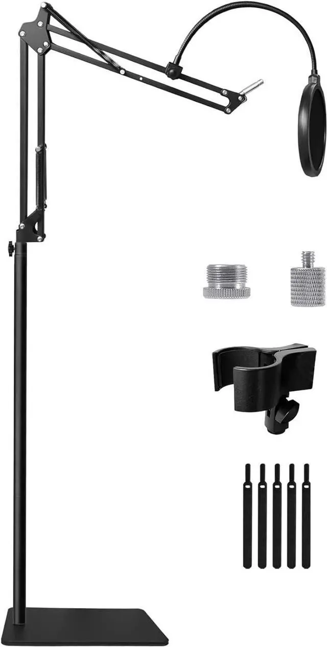 Main image of Floor Mic Stand with Boom Arm for Blue Yeti, Nano, Snowball, HyperX QuadCast, Shure SM7B and More Microphone, Adjustable Boom Arm Stand with 3/8" to 5/8" 1/4" Screw, Pop Filter, Mic Clip, Cable Ties