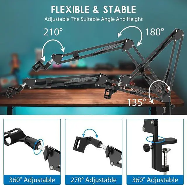 Alt view image 4 of 7 - K KASONIC Microphone Stand, Adjustable Microphone Suspension Boom Scissor Arm Stand for Broadcasting Recording, Voice-Over Sound Studio, Stages, Streaming, Singing and TV Stations