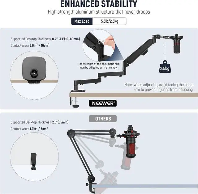 Alt view image 2 of 7 - NEEWER Low Profile Mic Arm Desk Mount, 360° Swivel Boom Arm with Pneumatic Damping Adjustable, Cable Management, Compatible with Shure MV7 SM7B Blue Yeti Gaming Streaming Podcast Microphone, MS002