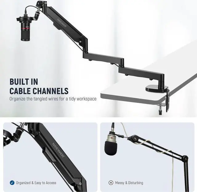 Alt view image 3 of 7 - NEEWER Low Profile Mic Arm Desk Mount, 360° Swivel Boom Arm with Pneumatic Damping Adjustable, Cable Management, Compatible with Shure MV7 SM7B Blue Yeti Gaming Streaming Podcast Microphone, MS002
