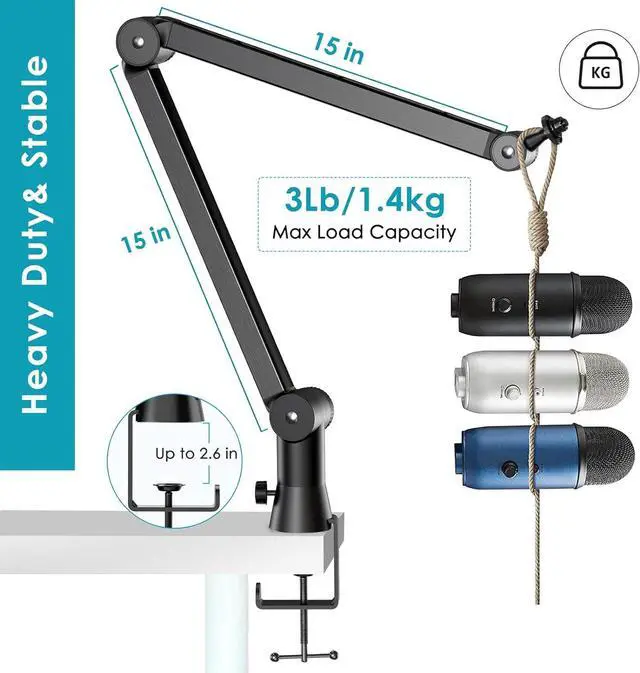 Alt view image 2 of 7 - YOUSHARES Blue Yeti Boom Arm with Pop Filter- Premium Mic Arm for Blue Yeti, Heavy Duty Blue Yeti Microphone Arm and Cable Organizer, Ideal for Gaming and Streaming, 360° Rotating Blue Yeti Mic Stand