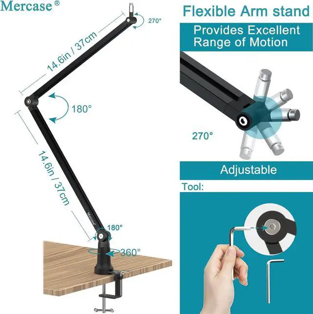 Alt view image 2 of 6 - Mercase Boom Arm, Foldable Desktop Metal Mic Stand, Adjustable Scissor Microphone Arm Stand with Desk Mount Clamp, Hidden Cable Trough, 3/8" to 5/8" Adapter for Blue Yeti Snowball HyperX QuadCast