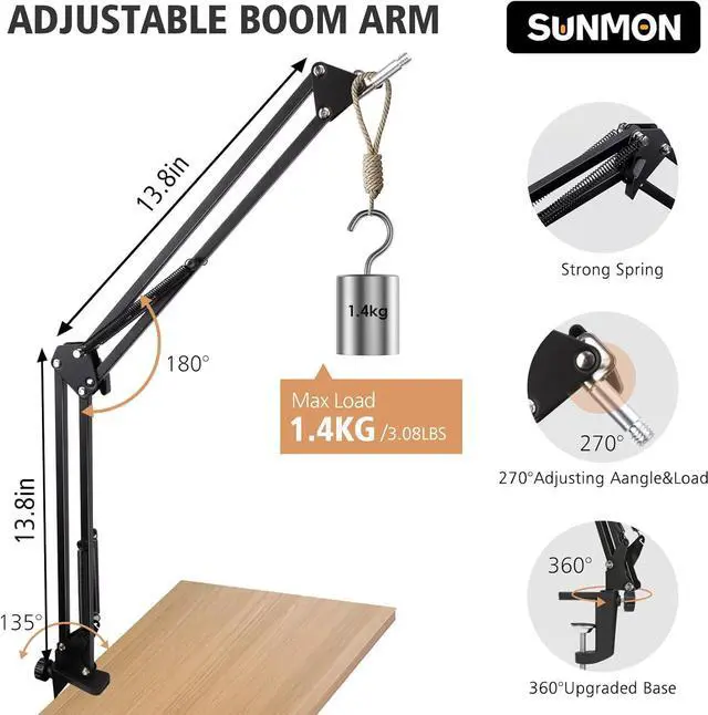 Alt view image 3 of 7 - Blue Snowball Boom Arm Mic Stand with Foam Cover, Compatible with Blue Snowball, Blue Snowball Ice USB Microphone with Cable Sleeve by SUNMON