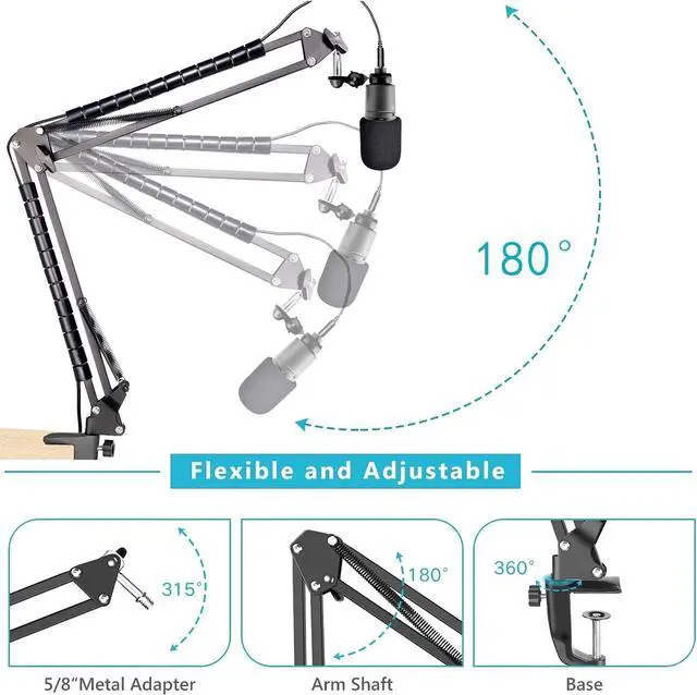Alt view image 3 of 7 - AT2020 Mic Suspension Boom Scissor Arm Mic Stand with Pop Filter, Compatible with AT2020, AT2020V USB Microphone with Cable Sleeve by SUNMON