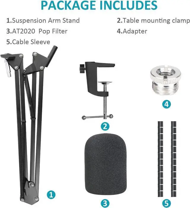 Alt view image 6 of 7 - AT2020 Mic Suspension Boom Scissor Arm Mic Stand with Pop Filter, Compatible with AT2020, AT2020V USB Microphone with Cable Sleeve by SUNMON