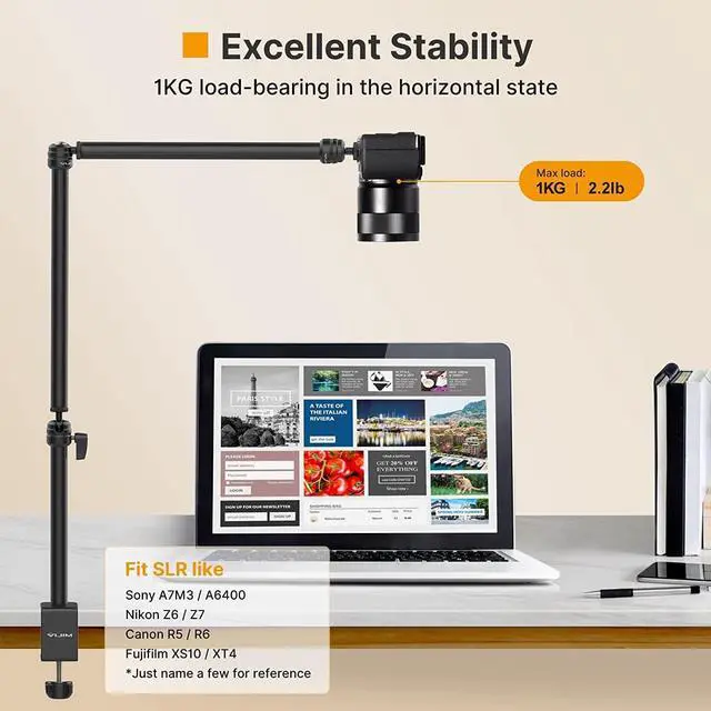 Alt view image 4 of 7 - VIJIM LS08 Overhead Camera Desk Mount Stand, Flexible Webcam Stand Microphone Boom Arm, 360° Rotation Tabletop Aluminum C-Clamp Stand, Standard ¼   Screw for DSLR Camera, Microphone & Webcam