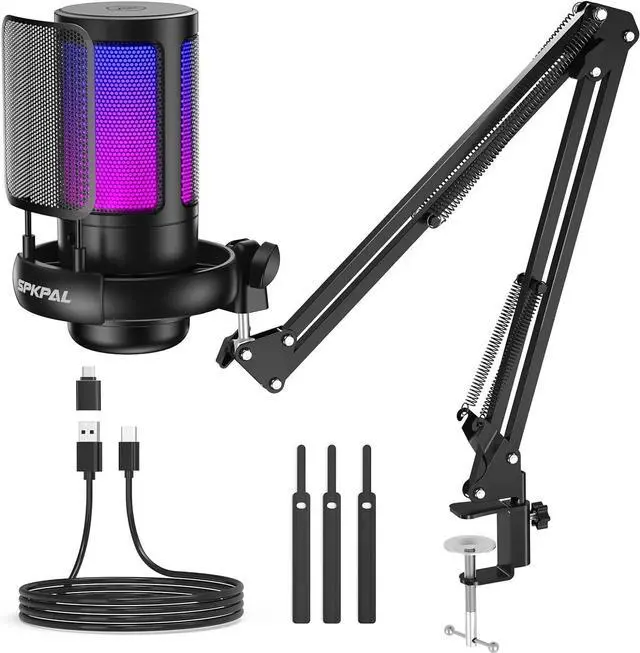 Main image of Gaming PC USB Microphone for PC with Boom Arm, USB PC Mic for Podcasts Videos, Streaming, Condenser Mic with Quick Mute, RGB Indicator,Shock Mount,Rotate gain Button