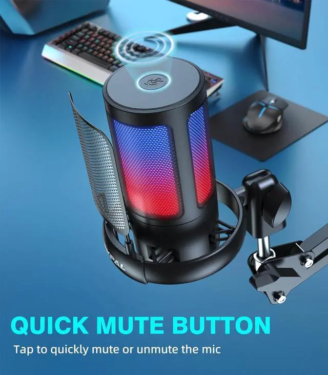 Alt view image 5 of 7 - Gaming PC USB Microphone for PC with Boom Arm, USB PC Mic for Podcasts Videos, Streaming, Condenser Mic with Quick Mute, RGB Indicator,Shock Mount,Rotate gain Button