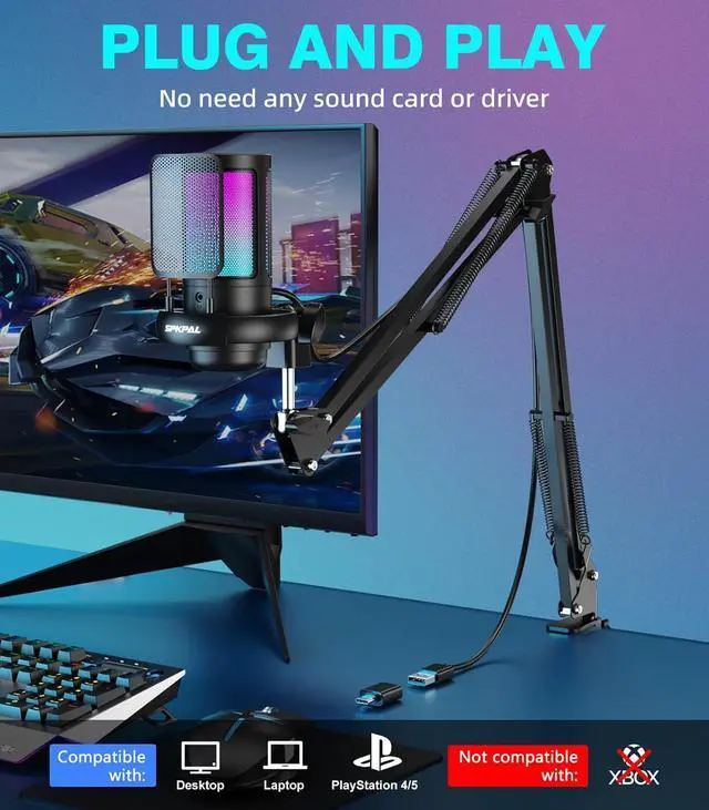 Alt view image 7 of 7 - Gaming PC USB Microphone for PC with Boom Arm, USB PC Mic for Podcasts Videos, Streaming, Condenser Mic with Quick Mute, RGB Indicator,Shock Mount,Rotate gain Button