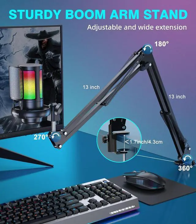 Alt view image 2 of 7 - Gaming PC USB Microphone for PC with Boom Arm, USB PC Mic for Podcasts Videos, Streaming, Condenser Mic with Quick Mute, RGB Indicator,Shock Mount,Rotate gain Button