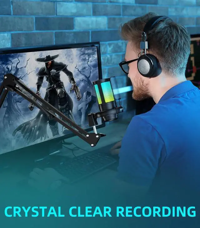 Alt view image 4 of 7 - Gaming PC USB Microphone for PC with Boom Arm, USB PC Mic for Podcasts Videos, Streaming, Condenser Mic with Quick Mute, RGB Indicator,Shock Mount,Rotate gain Button