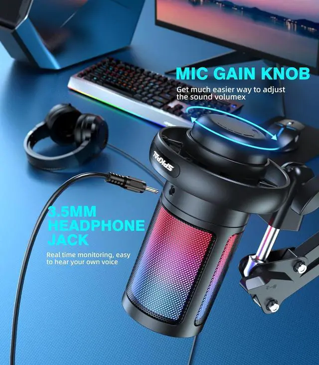 Alt view image 6 of 7 - Gaming PC USB Microphone for PC with Boom Arm, USB PC Mic for Podcasts Videos, Streaming, Condenser Mic with Quick Mute, RGB Indicator,Shock Mount,Rotate gain Button