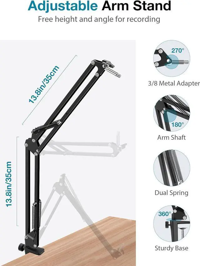 Alt view image 2 of 7 - InnoGear Mic Stand for Blue Yeti, Heavy Duty Microphone Stand with Microphone Windscreen and Dual Layered Mic Pop Filter Suspension Boom Scissor Arm Stands for Blue Spark and Other Mics, Medium