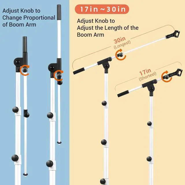 Alt view image 4 of 7 - CAHAYA 2 in 1 Microphone Stand Foldable Tripod Boom Mic Stands with 2 Mic Clip Holders for Performance Singing Speech Wedding Stage and Outdoor (White)