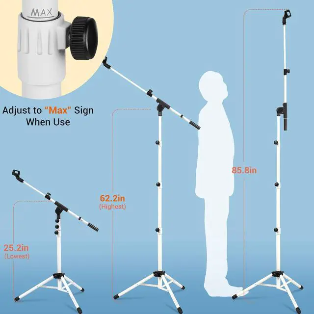 Alt view image 3 of 7 - CAHAYA 2 in 1 Microphone Stand Foldable Tripod Boom Mic Stands with 2 Mic Clip Holders for Performance Singing Speech Wedding Stage and Outdoor (White)