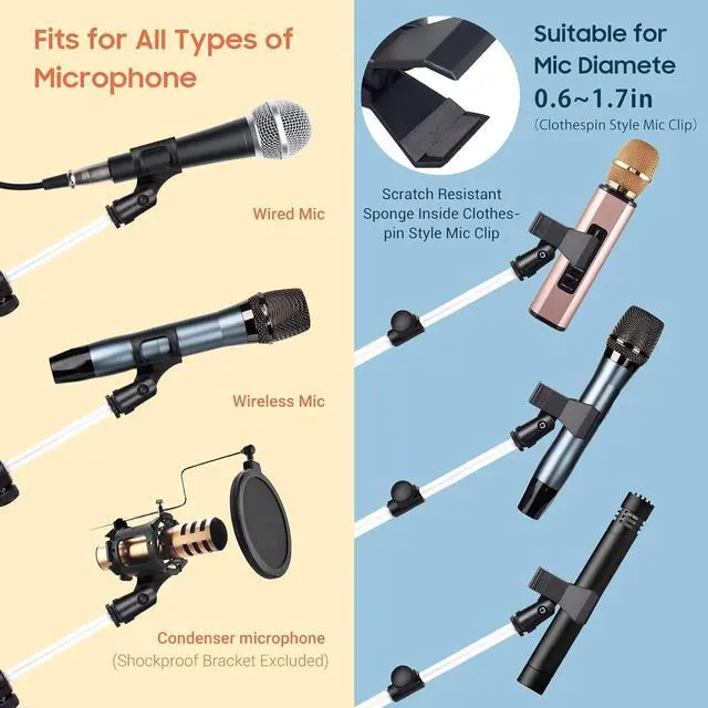 Alt view image 5 of 7 - CAHAYA 2 in 1 Microphone Stand Foldable Tripod Boom Mic Stands with 2 Mic Clip Holders for Performance Singing Speech Wedding Stage and Outdoor (White)