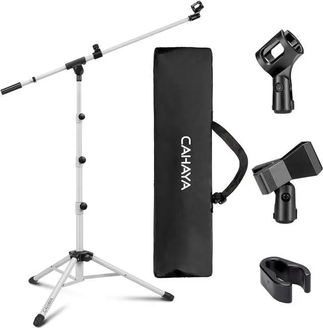 Main image of CAHAYA 2 in 1 Microphone Stand Foldable Tripod Boom Mic Stands with 2 Mic Clip Holders for Performance Singing Speech Wedding Stage and Outdoor (White)