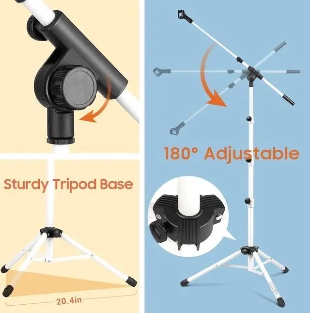 Alt view image 2 of 7 - CAHAYA 2 in 1 Microphone Stand Foldable Tripod Boom Mic Stands with 2 Mic Clip Holders for Performance Singing Speech Wedding Stage and Outdoor (White)