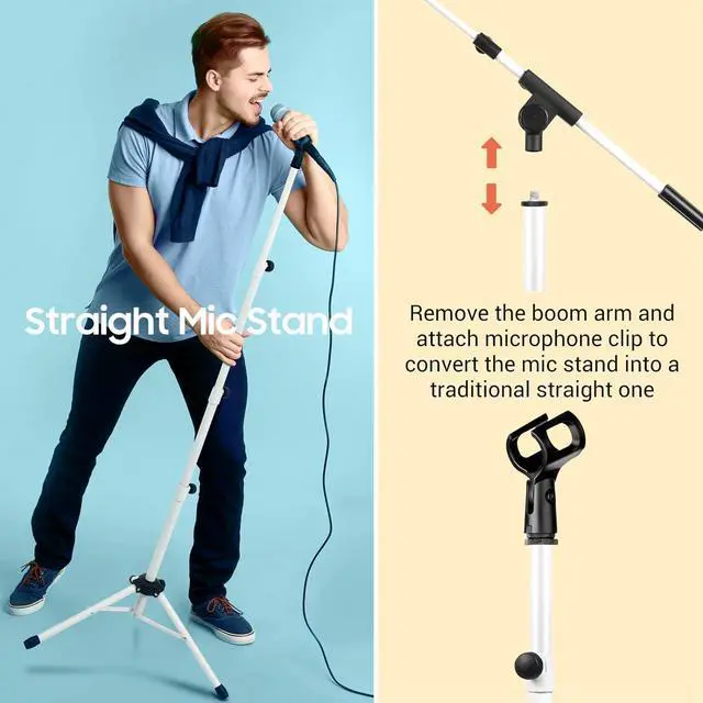 Alt view image 6 of 7 - CAHAYA 2 in 1 Microphone Stand Foldable Tripod Boom Mic Stands with 2 Mic Clip Holders for Performance Singing Speech Wedding Stage and Outdoor (White)
