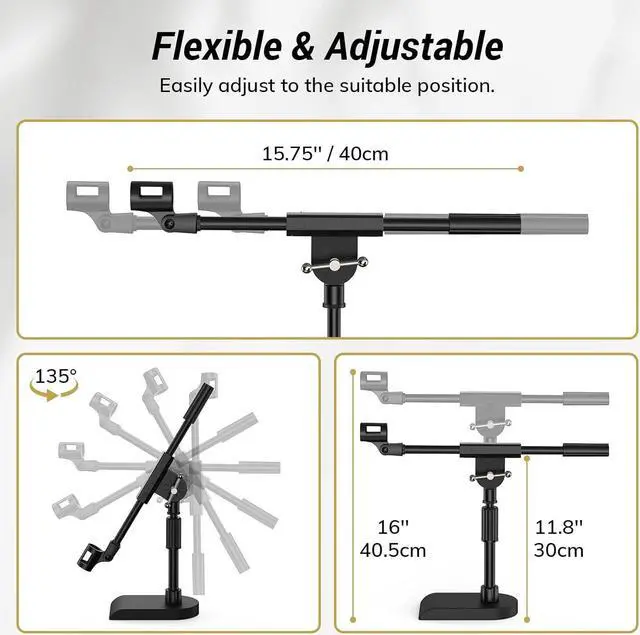 Alt view image 6 of 7 - TONOR Adjustable Desktop Mic Stand for Blue Yeti, Weighted Base with Twist Clutch, Boom Arm with 3/8'' and 5/8'' adapter for Blue Snowball and All Microphones, Suitable for Recording, Podcast, Guitar
