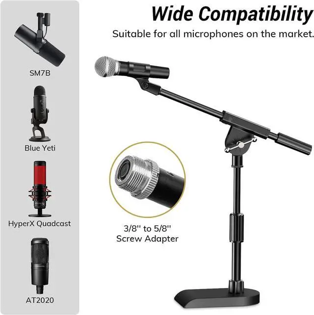 Alt view image 2 of 7 - TONOR Adjustable Desktop Mic Stand for Blue Yeti, Weighted Base with Twist Clutch, Boom Arm with 3/8'' and 5/8'' adapter for Blue Snowball and All Microphones, Suitable for Recording, Podcast, Guitar