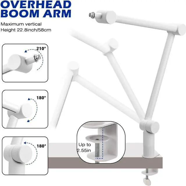 Alt view image 2 of 7 - BOMGE Boom Arm Mic Stand - Adjustable Heavy Duty Suspension Boom Scissor Arm Stand with Cable Management Channels, Desk Clamp for Podcasts, Streaming, Gaming, Home Office, Recording (White)