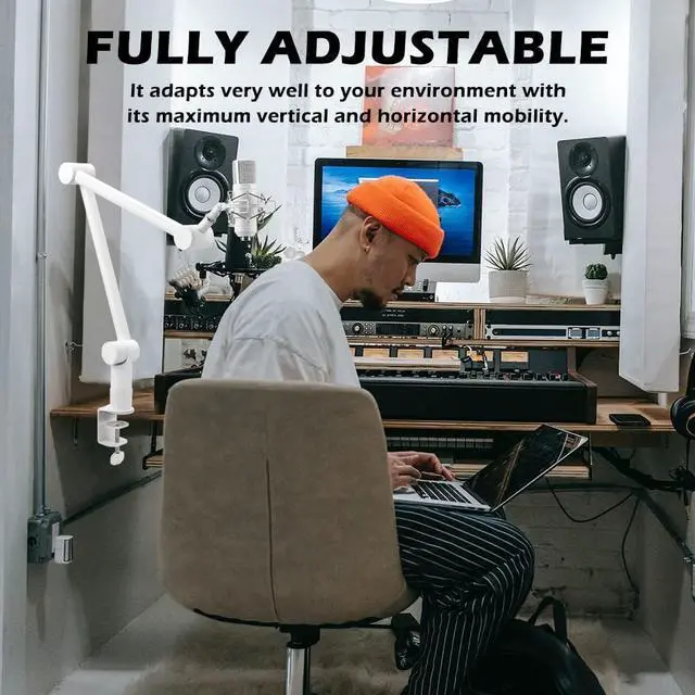 Alt view image 7 of 7 - BOMGE Boom Arm Mic Stand - Adjustable Heavy Duty Suspension Boom Scissor Arm Stand with Cable Management Channels, Desk Clamp for Podcasts, Streaming, Gaming, Home Office, Recording (White)