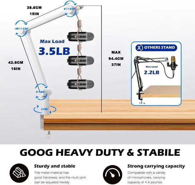 Alt view image 6 of 7 - BOMGE Boom Arm Mic Stand - Adjustable Heavy Duty Suspension Boom Scissor Arm Stand with Cable Management Channels, Desk Clamp for Podcasts, Streaming, Gaming, Home Office, Recording (White)