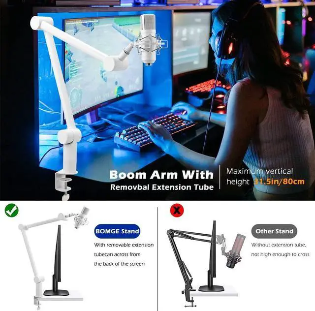 Alt view image 5 of 7 - BOMGE Boom Arm Mic Stand - Adjustable Heavy Duty Suspension Boom Scissor Arm Stand with Cable Management Channels, Desk Clamp for Podcasts, Streaming, Gaming, Home Office, Recording (White)