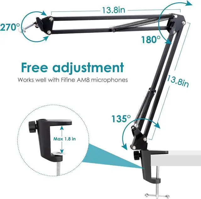 Alt view image 2 of 7 - YOUSHARES Fifine AM8 Boom Arm, Adjustable Fifine AM8 Mic Arm Sturdy Metal Mic Stand with 2 Cable Sleeve, 3/8" to 5/8" Screw Adapter