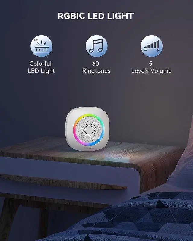Alt view image 4 of 7 - TECKNET Wireless Doorbell, Portable Doorbell with RGB Light, Battery Powered IP66 Waterproof Cordless Door Chime Kit, 1300 ft Wireless Range, 60 Chimes & 5 Level Volume, Using Time up to 4.5 Years